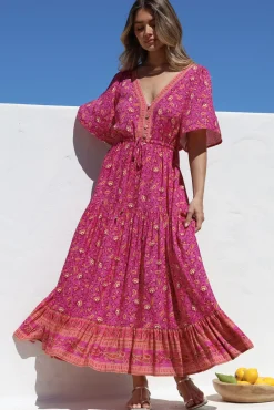 Tassia Maxi Dress - Buttoned Bodice Pull Tie Waist Dress in Quinne Print><noscript><img width=