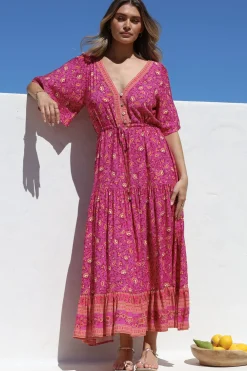 Tassia Maxi Dress - Buttoned Bodice Pull Tie Waist Dress in Quinne Print><noscript><img width=