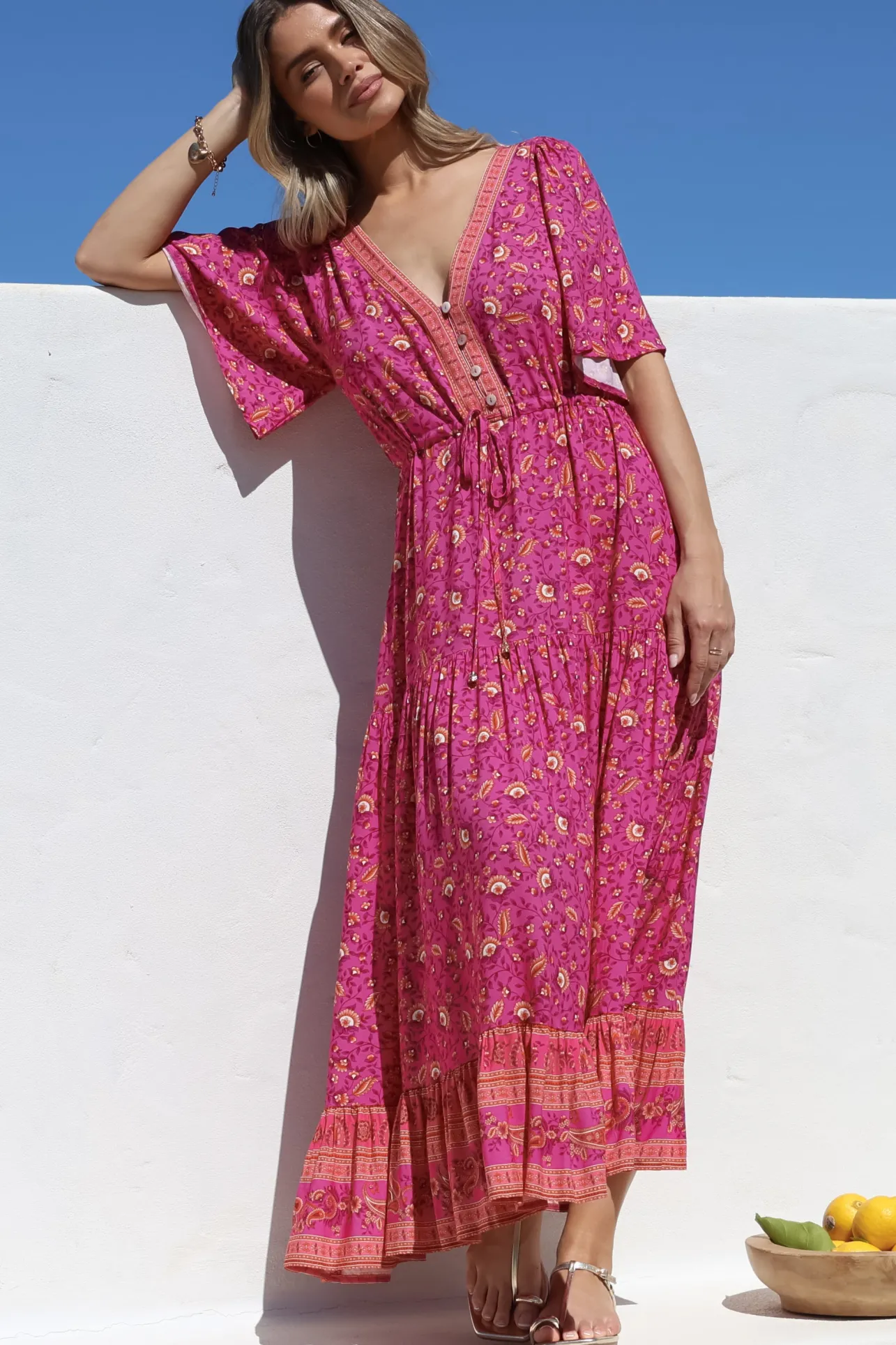 Tassia Maxi Dress - Buttoned Bodice Pull Tie Waist Dress in Quinne Print>Salty Crush Discount