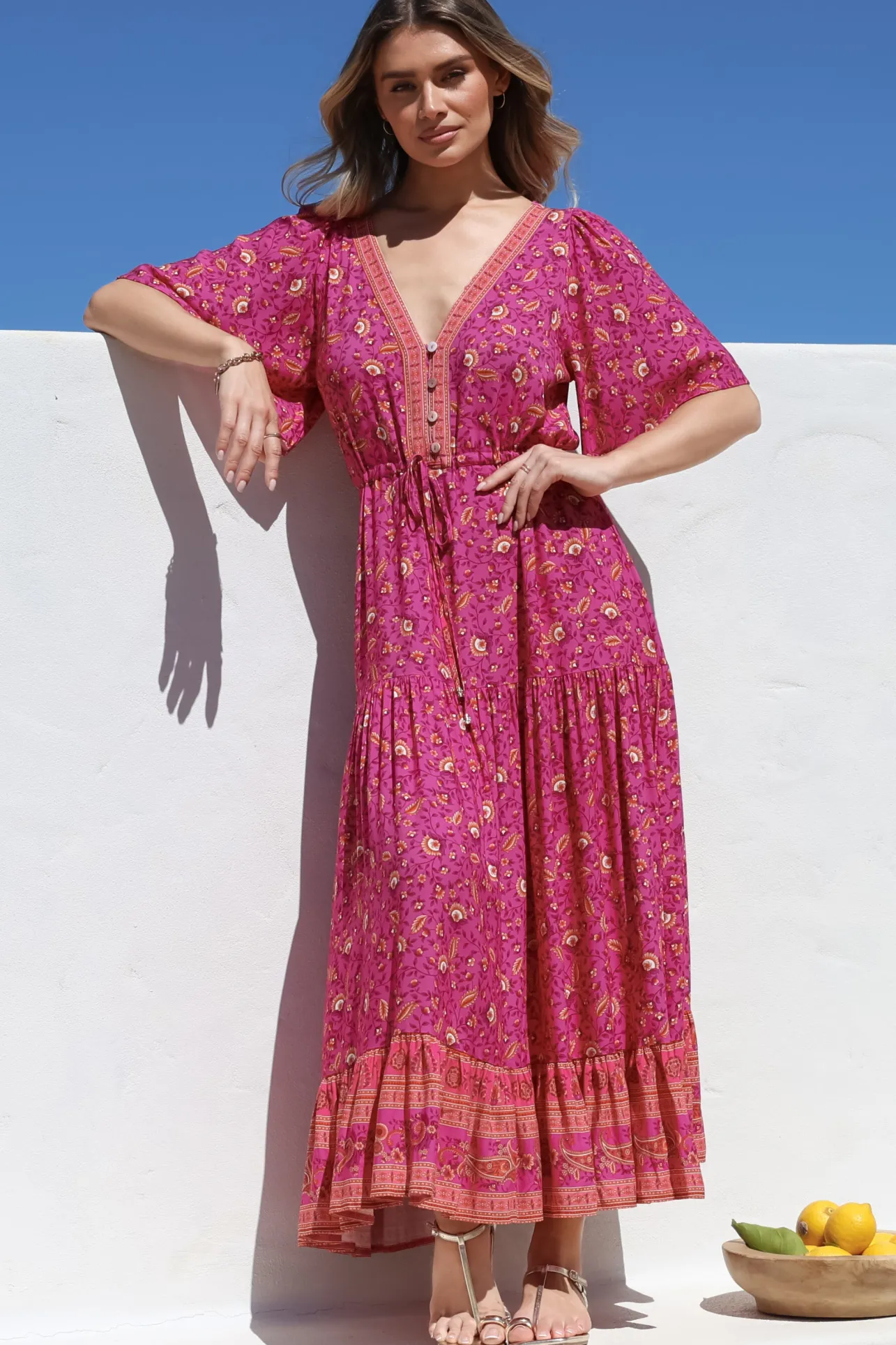 Tassia Maxi Dress - Buttoned Bodice Pull Tie Waist Dress in Quinne Print>Salty Crush Discount