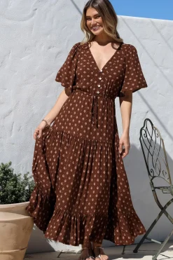Tassia Maxi Dress - Buttoned Bodice Pull Tie Waist Dress in Kendy Print>Salty Crush