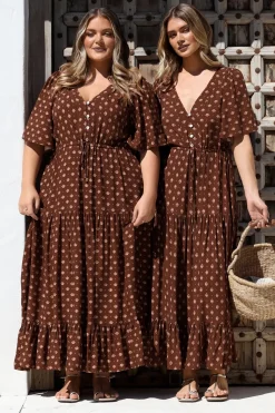 Tassia Maxi Dress - Buttoned Bodice Pull Tie Waist Dress in Kendy Print><noscript><img width=
