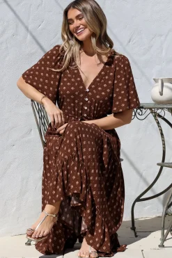 Tassia Maxi Dress - Buttoned Bodice Pull Tie Waist Dress in Kendy Print><noscript><img width=