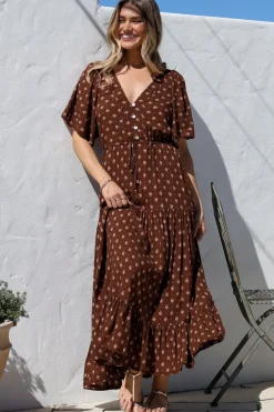 Tassia Maxi Dress - Buttoned Bodice Pull Tie Waist Dress in Kendy Print><noscript><img width=