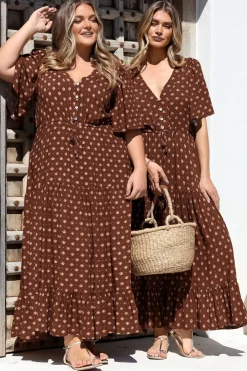 Tassia Maxi Dress - Buttoned Bodice Pull Tie Waist Dress in Kendy Print><noscript><img width=