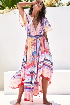 Taurus Maxi Dress - Flutter Cap Sleeve Deep V Neck Handkerchief Hem Dress with Matching Waist Tie in Lunar Print>Jaase Discount