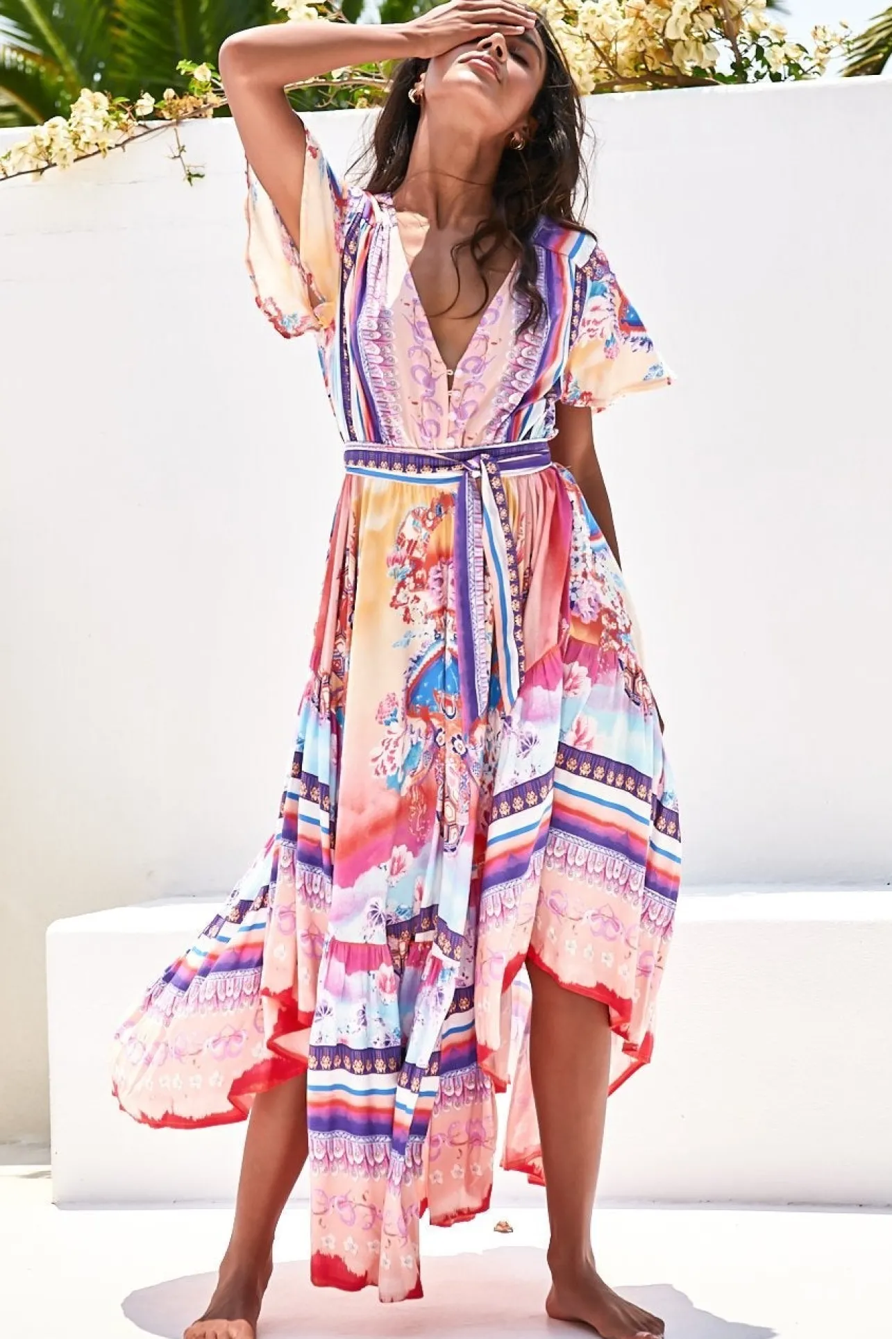 Taurus Maxi Dress - Flutter Cap Sleeve Deep V Neck Handkerchief Hem Dress with Matching Waist Tie in Lunar Print>Jaase Discount