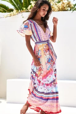 Taurus Maxi Dress - Flutter Cap Sleeve Deep V Neck Handkerchief Hem Dress with Matching Waist Tie in Lunar Print><noscript><img width=
