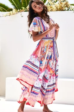 Taurus Maxi Dress - Flutter Cap Sleeve Deep V Neck Handkerchief Hem Dress with Matching Waist Tie in Lunar Print><noscript><img width=