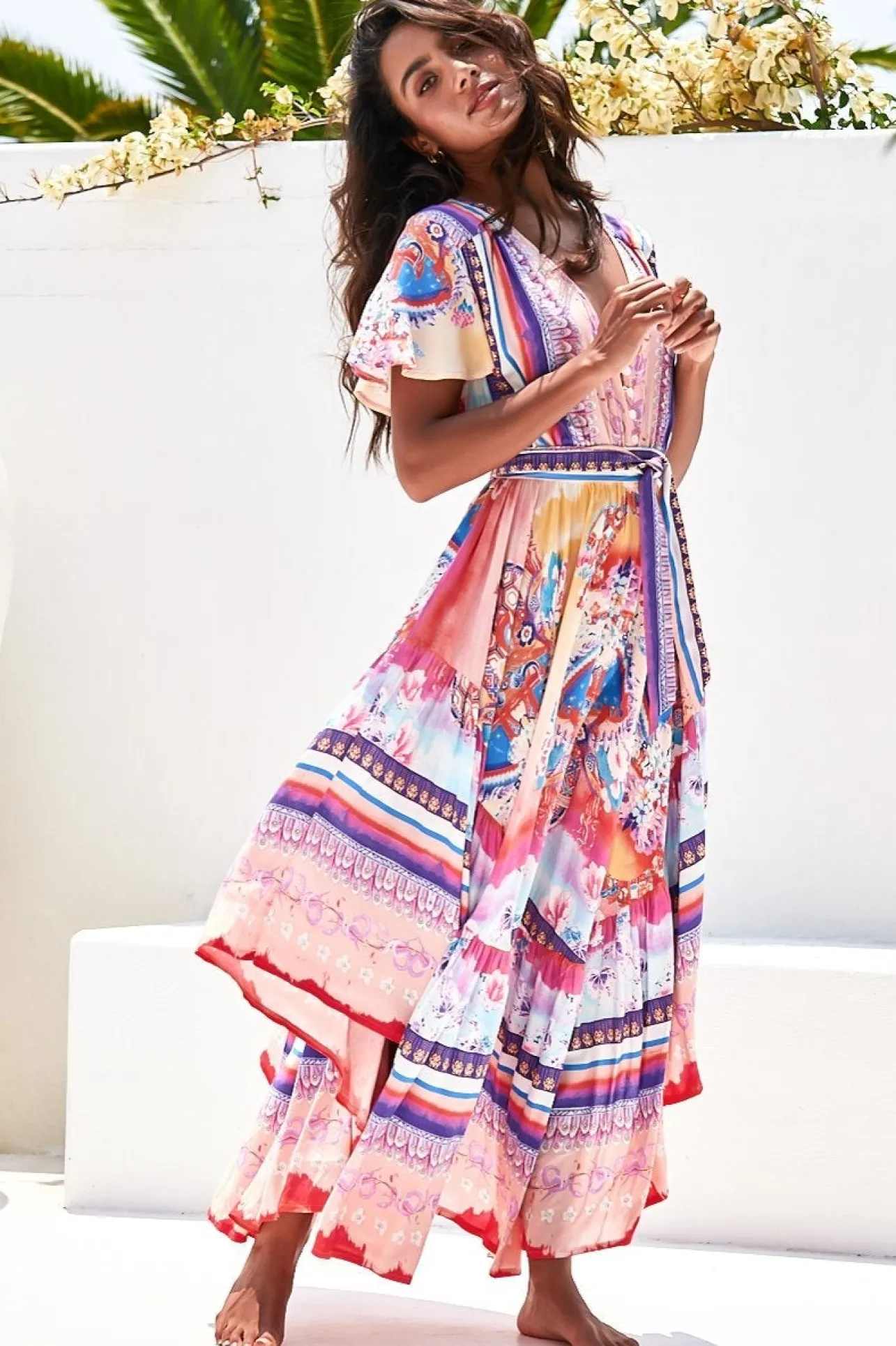 Taurus Maxi Dress - Flutter Cap Sleeve Deep V Neck Handkerchief Hem Dress with Matching Waist Tie in Lunar Print>Jaase Discount