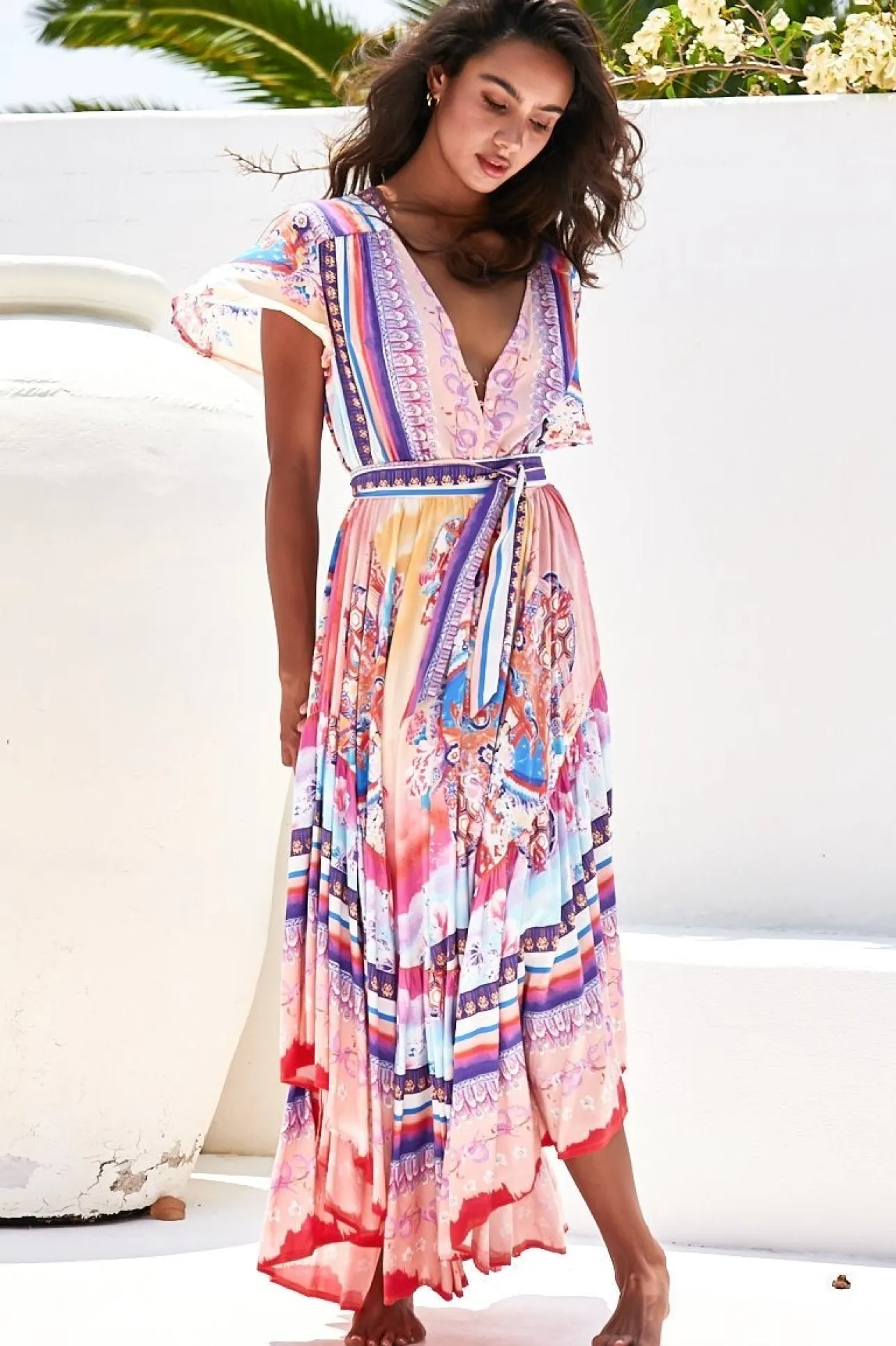 Taurus Maxi Dress - Flutter Cap Sleeve Deep V Neck Handkerchief Hem Dress with Matching Waist Tie in Lunar Print>Jaase Discount