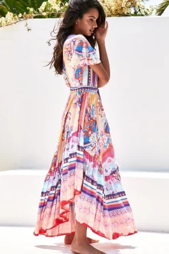 Taurus Maxi Dress - Flutter Cap Sleeve Deep V Neck Handkerchief Hem Dress with Matching Waist Tie in Lunar Print><noscript><img width=
