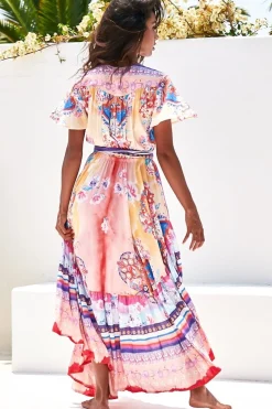 Taurus Maxi Dress - Flutter Cap Sleeve Deep V Neck Handkerchief Hem Dress with Matching Waist Tie in Lunar Print><noscript><img width=