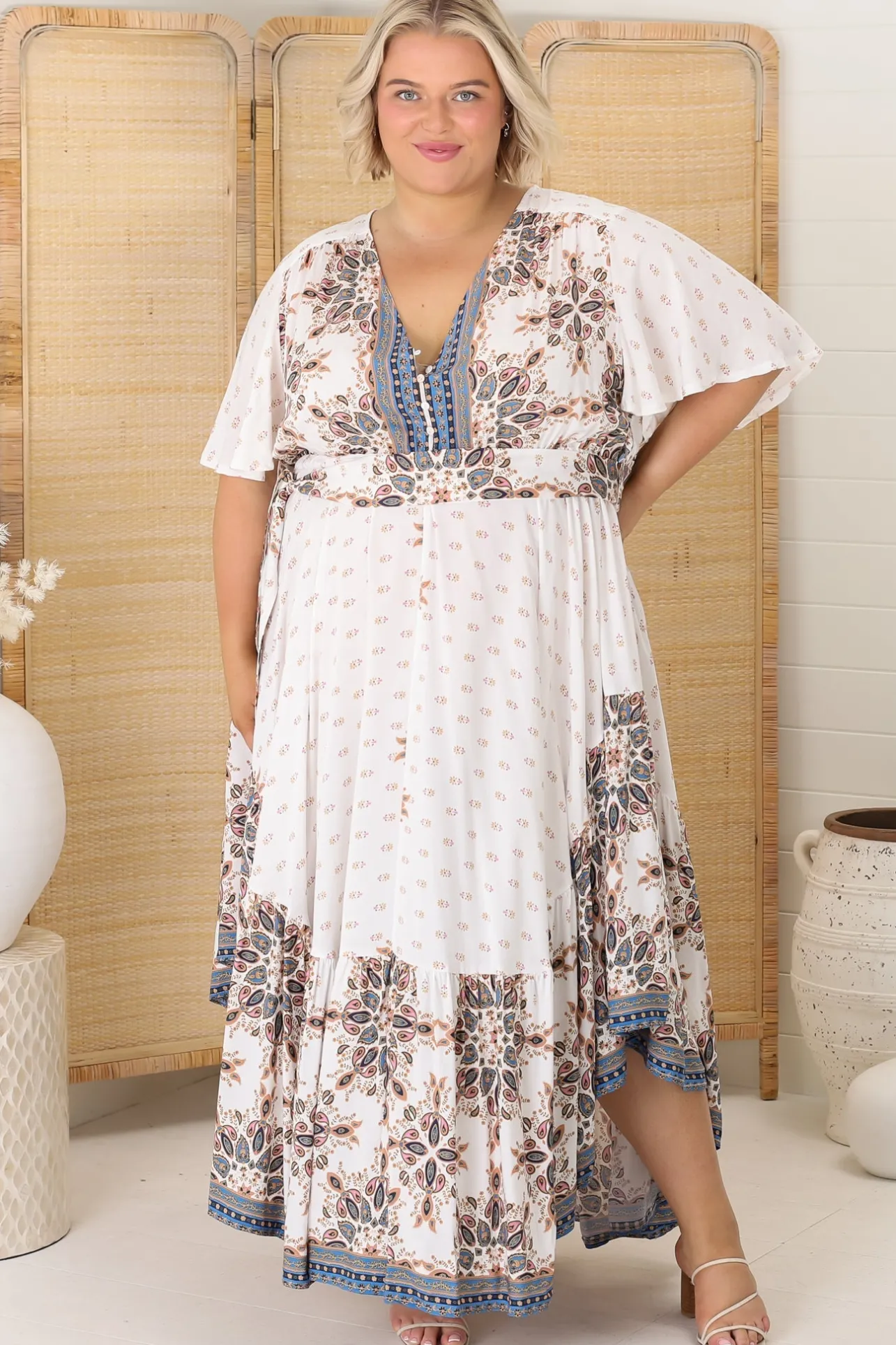 Taurus Maxi Dress - Flutter Cap Sleeve Deep V Neck Handkerchief Hem Dress with Matching Waist Tie in Gemstone Print>Jaase New