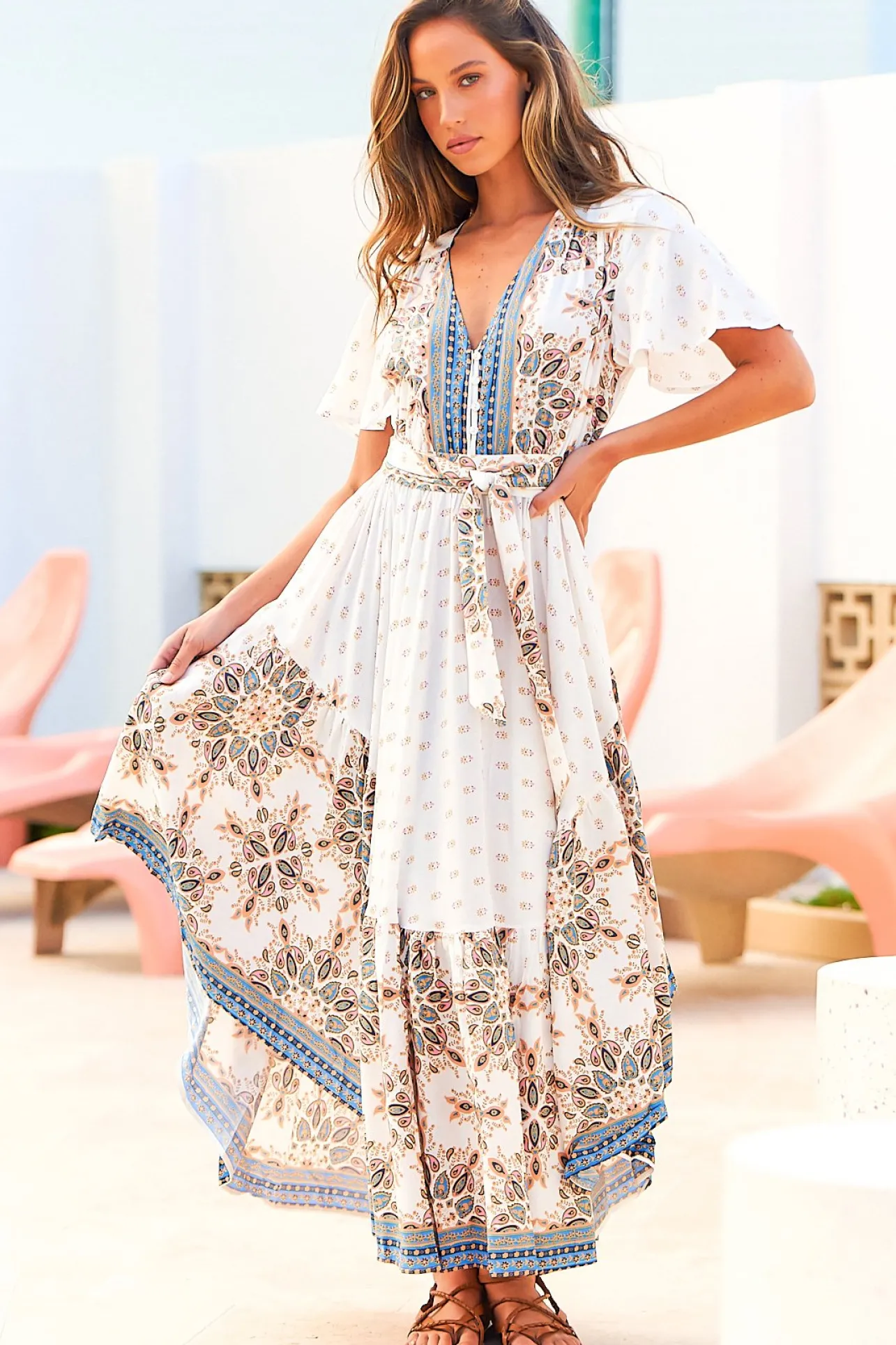 Taurus Maxi Dress - Flutter Cap Sleeve Deep V Neck Handkerchief Hem Dress with Matching Waist Tie in Gemstone Print>Jaase New