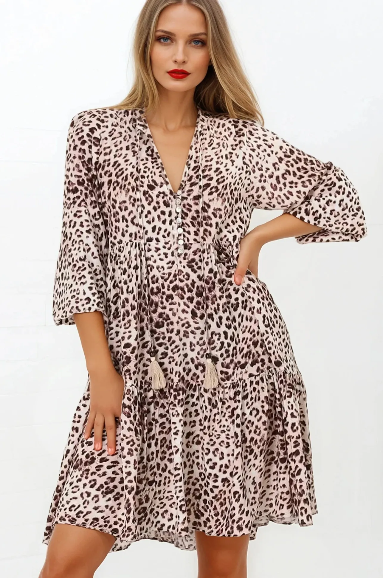 Taylor Mini Dress - Mandarin Collar Balloon Sleeve Smock Dress in Tatum Print>Salty Crush