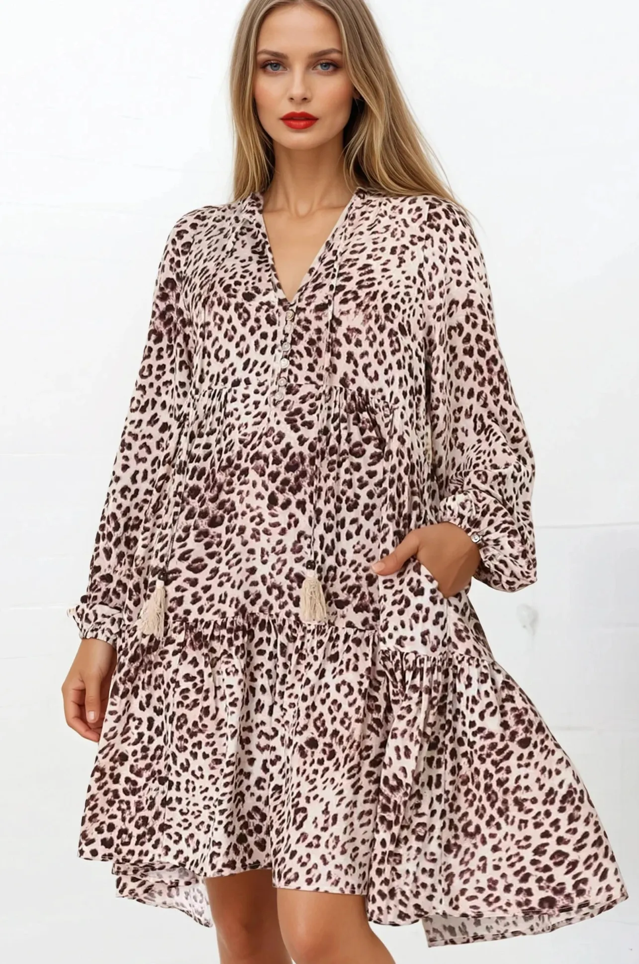 Taylor Mini Dress - Mandarin Collar Balloon Sleeve Smock Dress in Tatum Print>Salty Crush