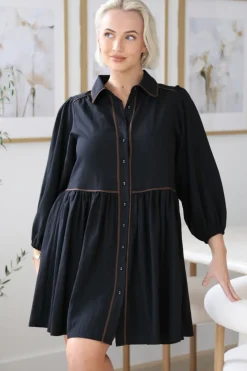 Tenley Mini Dress - Contrast Trim Button Down Smock Dress in Black>Salty Crush Clearance