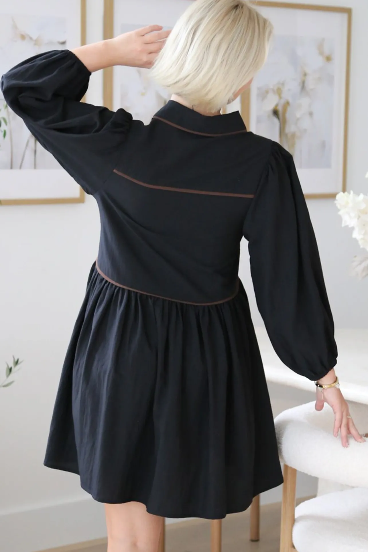 Tenley Mini Dress - Contrast Trim Button Down Smock Dress in Black>Salty Crush Clearance