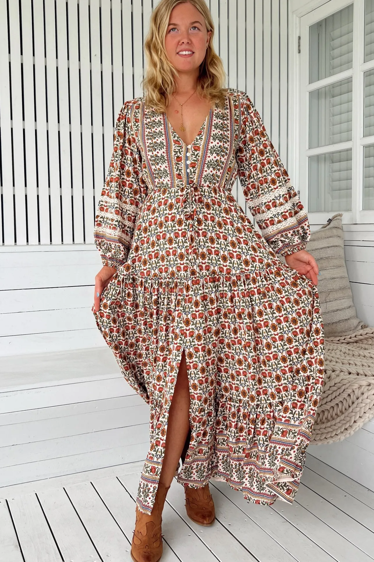 Teresa Lace Maxi Dress - A Line Dress with Long Balloon Sleeves in Harlowe Print>Jaase Best