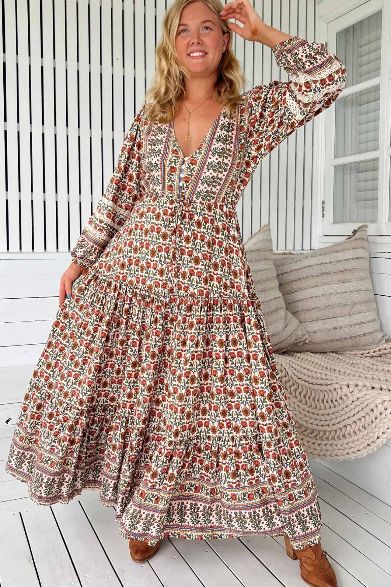 Teresa Lace Maxi Dress - A Line Dress with Long Balloon Sleeves in Harlowe Print>Jaase Best