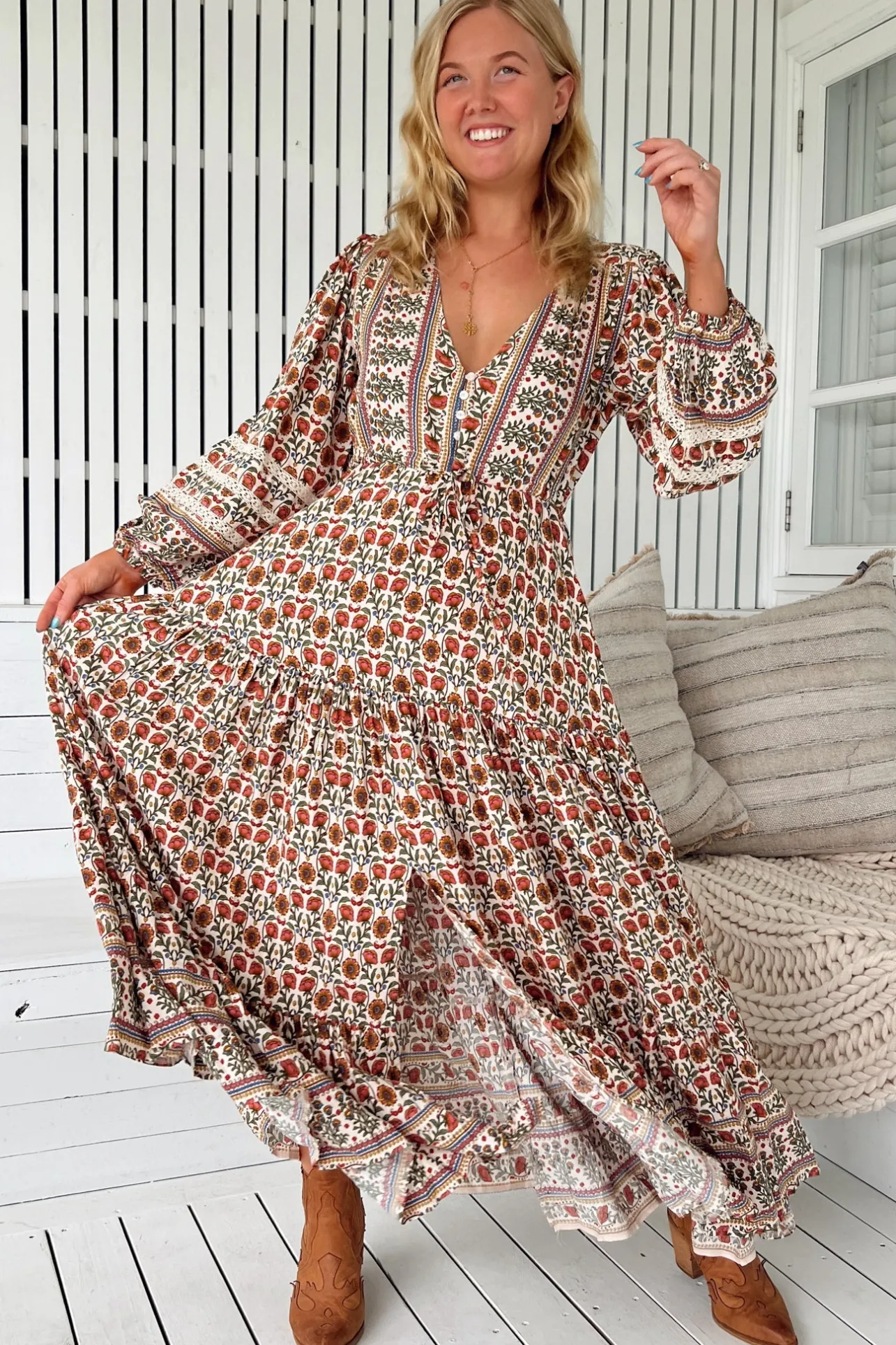 Teresa Lace Maxi Dress - A Line Dress with Long Balloon Sleeves in Harlowe Print>Jaase Best