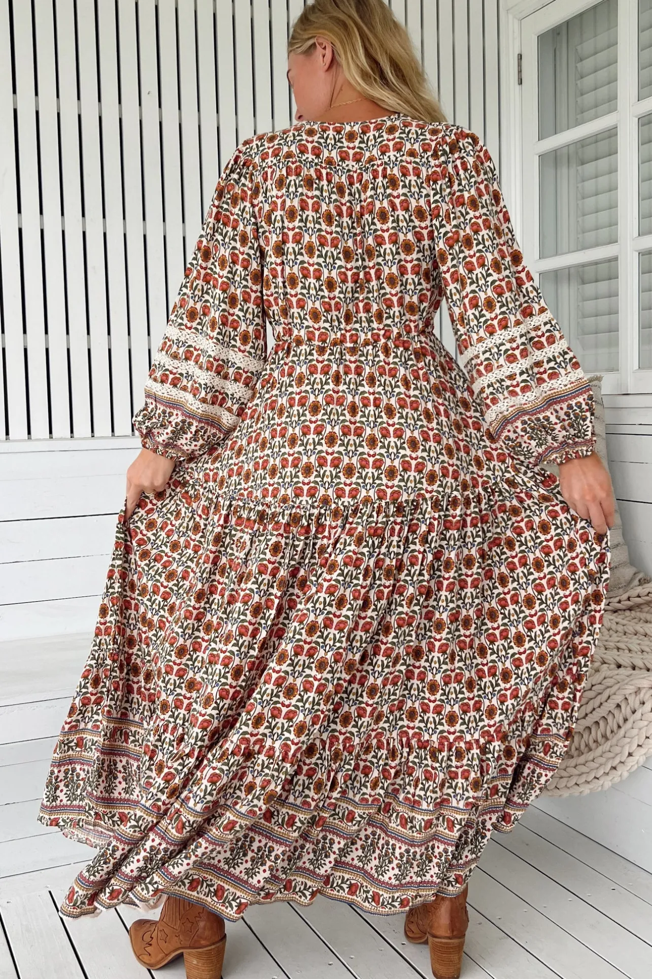 Teresa Lace Maxi Dress - A Line Dress with Long Balloon Sleeves in Harlowe Print>Jaase Best