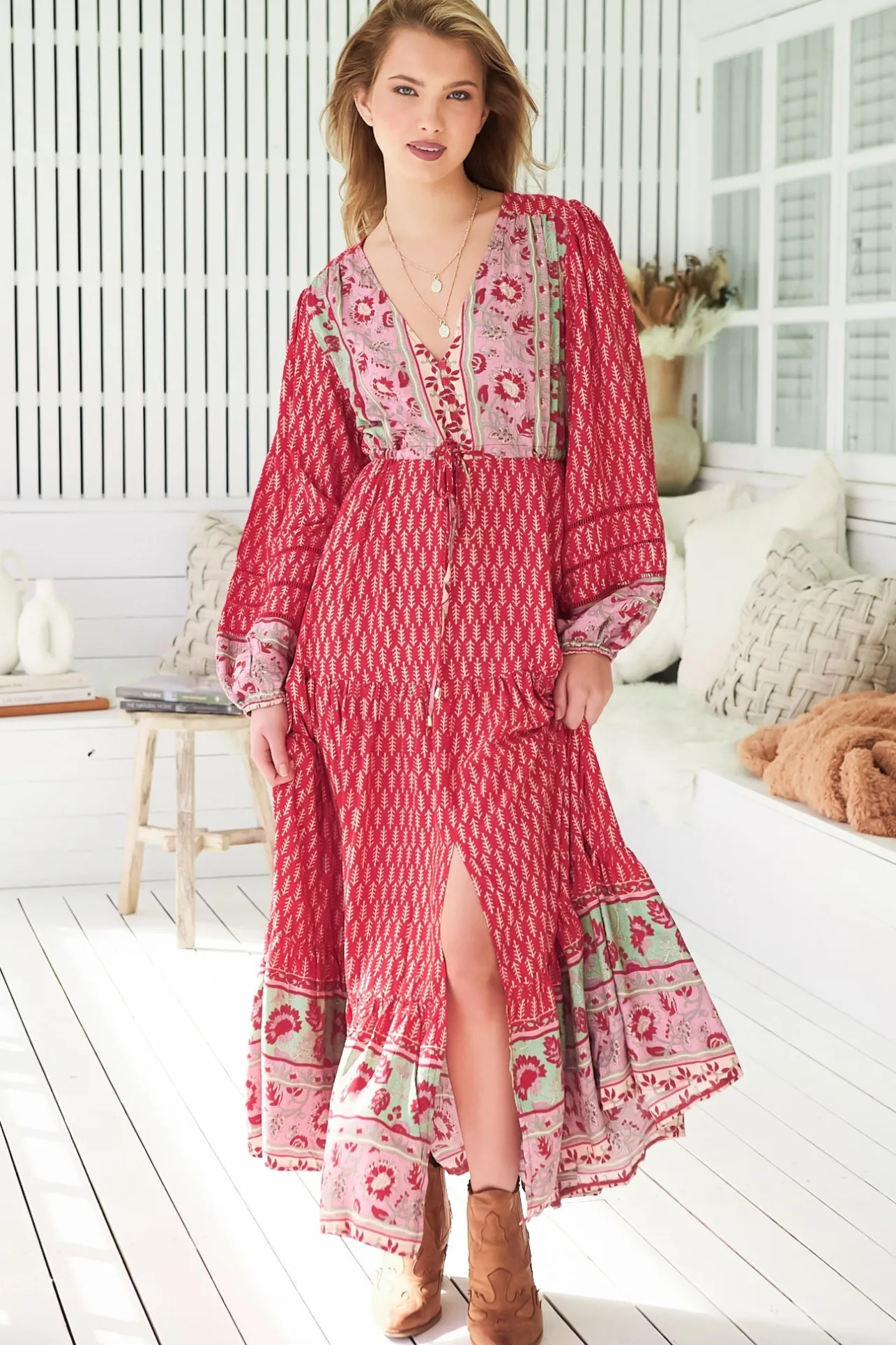 Teresa Ladder Lace Maxi Dress - A Line Dress with Long Balloon Sleeves in Zelie Print>Jaase Best