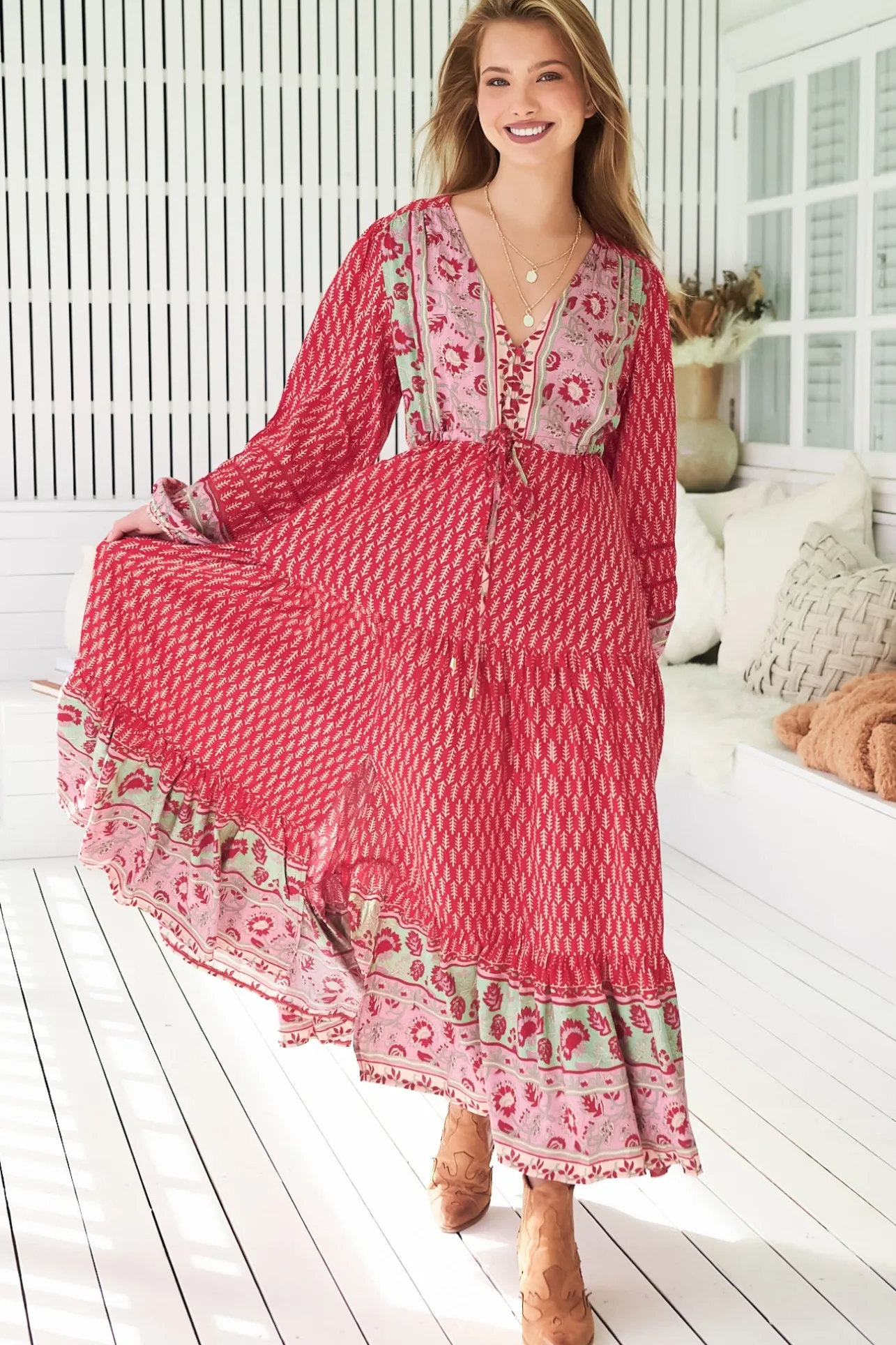 Teresa Ladder Lace Maxi Dress - A Line Dress with Long Balloon Sleeves in Zelie Print>Jaase Best