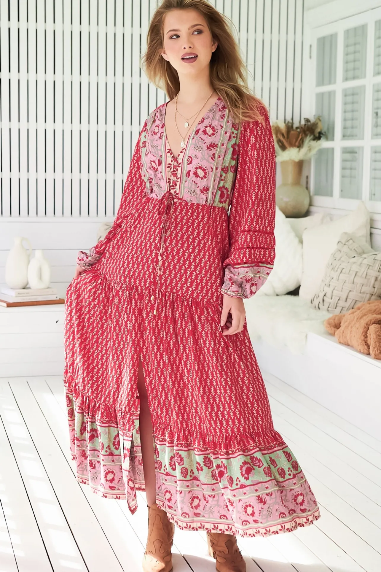 Teresa Ladder Lace Maxi Dress - A Line Dress with Long Balloon Sleeves in Zelie Print>Jaase Best