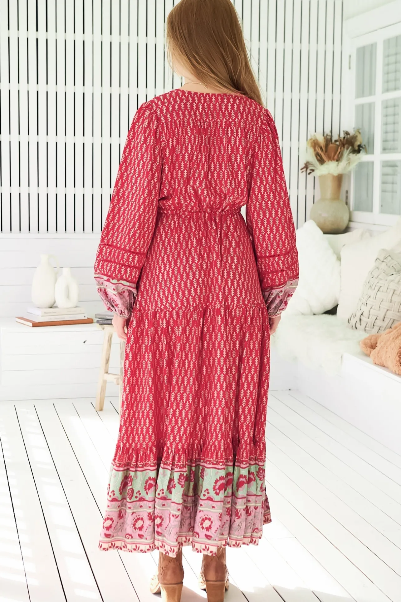 Teresa Ladder Lace Maxi Dress - A Line Dress with Long Balloon Sleeves in Zelie Print>Jaase Best