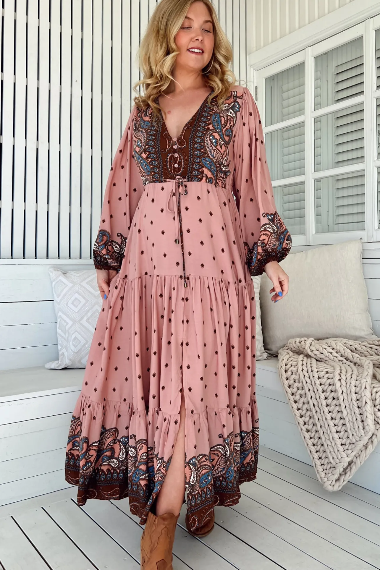 Teresa Maxi Dress - A Line Dress with Long Balloon Sleeves in Seraphina Print>Jaase Clearance