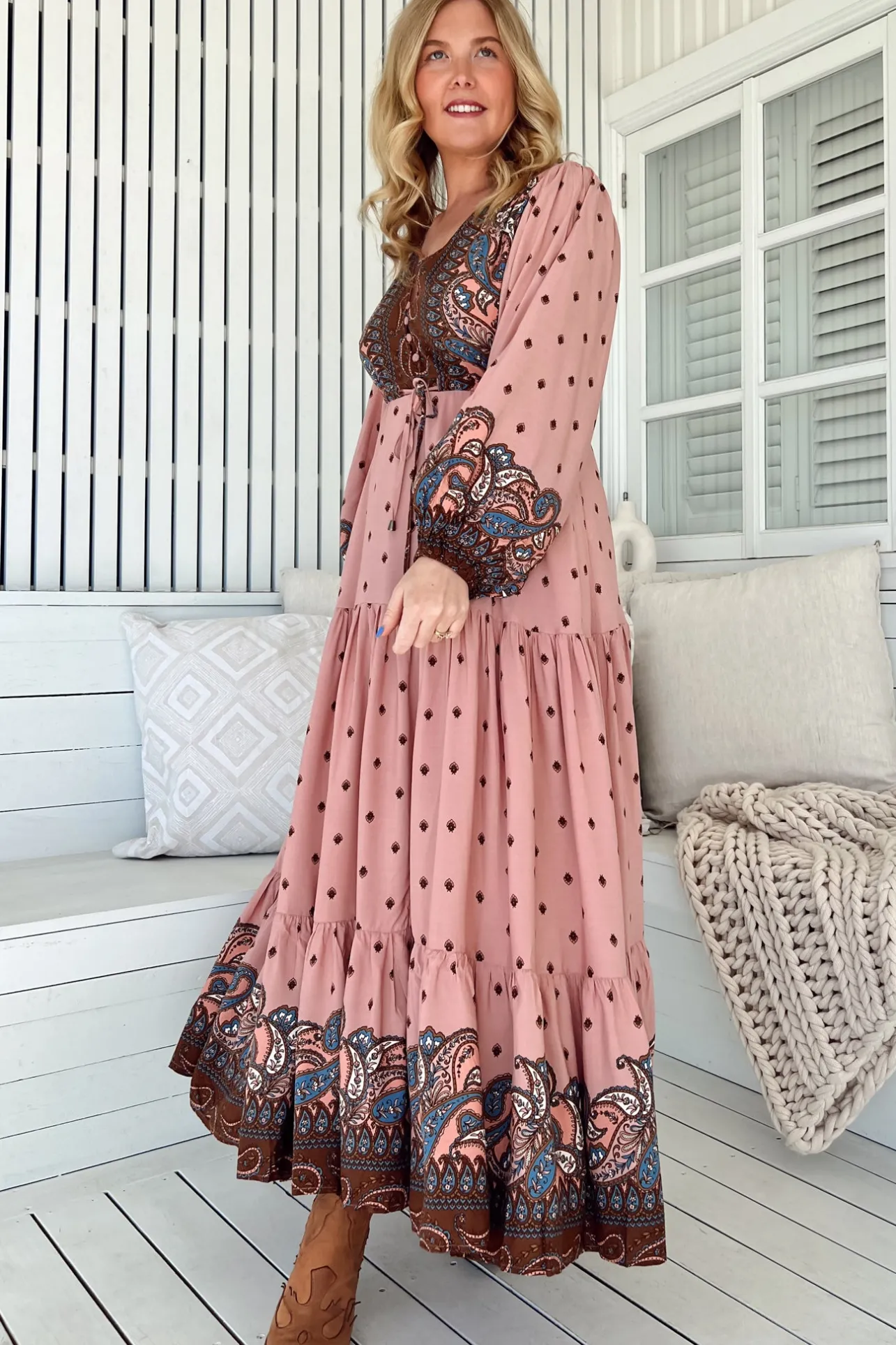 Teresa Maxi Dress - A Line Dress with Long Balloon Sleeves in Seraphina Print>Jaase Clearance