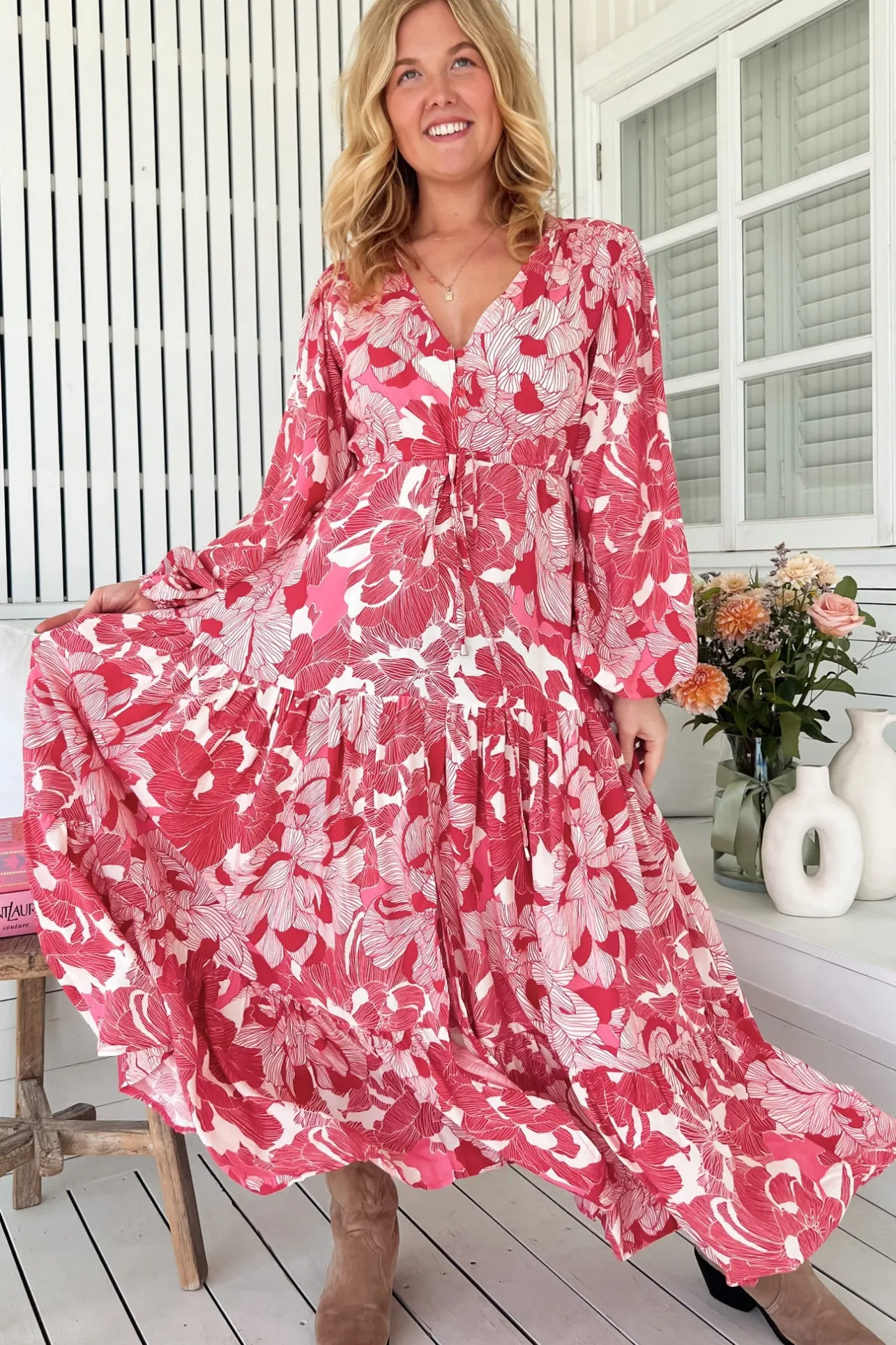 Teresa Maxi Dress - A Line Dress with Long Balloon Sleeves in Soulina Print>Jaase Clearance