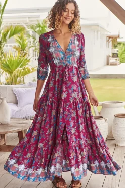 Tessa Maxi Dress - A Line Pull Tie Waist Dress in Strawberry Kiss Print>Jaase Best