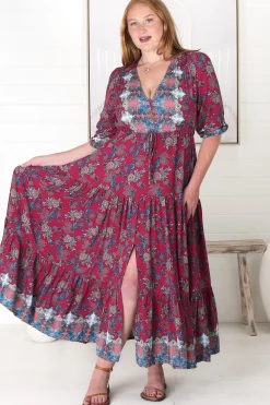 Tessa Maxi Dress - A Line Pull Tie Waist Dress in Strawberry Kiss Print>Jaase Best