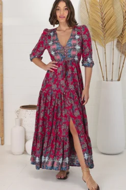 Tessa Maxi Dress - A Line Pull Tie Waist Dress in Strawberry Kiss Print><noscript><img width=