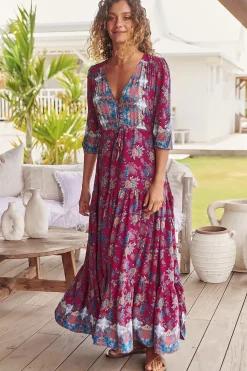 Tessa Maxi Dress - A Line Pull Tie Waist Dress in Strawberry Kiss Print><noscript><img width=