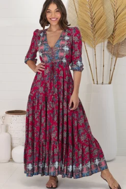 Tessa Maxi Dress - A Line Pull Tie Waist Dress in Strawberry Kiss Print><noscript><img width=