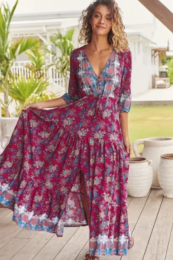 Tessa Maxi Dress - A Line Pull Tie Waist Dress in Strawberry Kiss Print><noscript><img width=