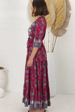 Tessa Maxi Dress - A Line Pull Tie Waist Dress in Strawberry Kiss Print><noscript><img width=