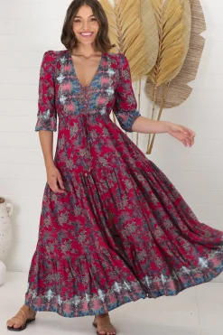 Tessa Maxi Dress - A Line Pull Tie Waist Dress in Strawberry Kiss Print><noscript><img width=