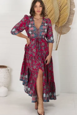 Tessa Maxi Dress - A Line Pull Tie Waist Dress in Strawberry Kiss Print><noscript><img width=
