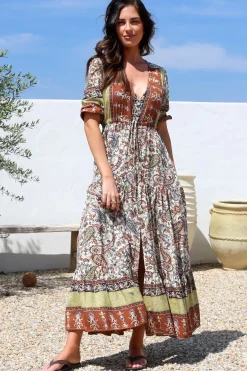 Tessa Maxi Dress - A Line Pull Tie Waist Dress in Oakie Print>Jaase Discount