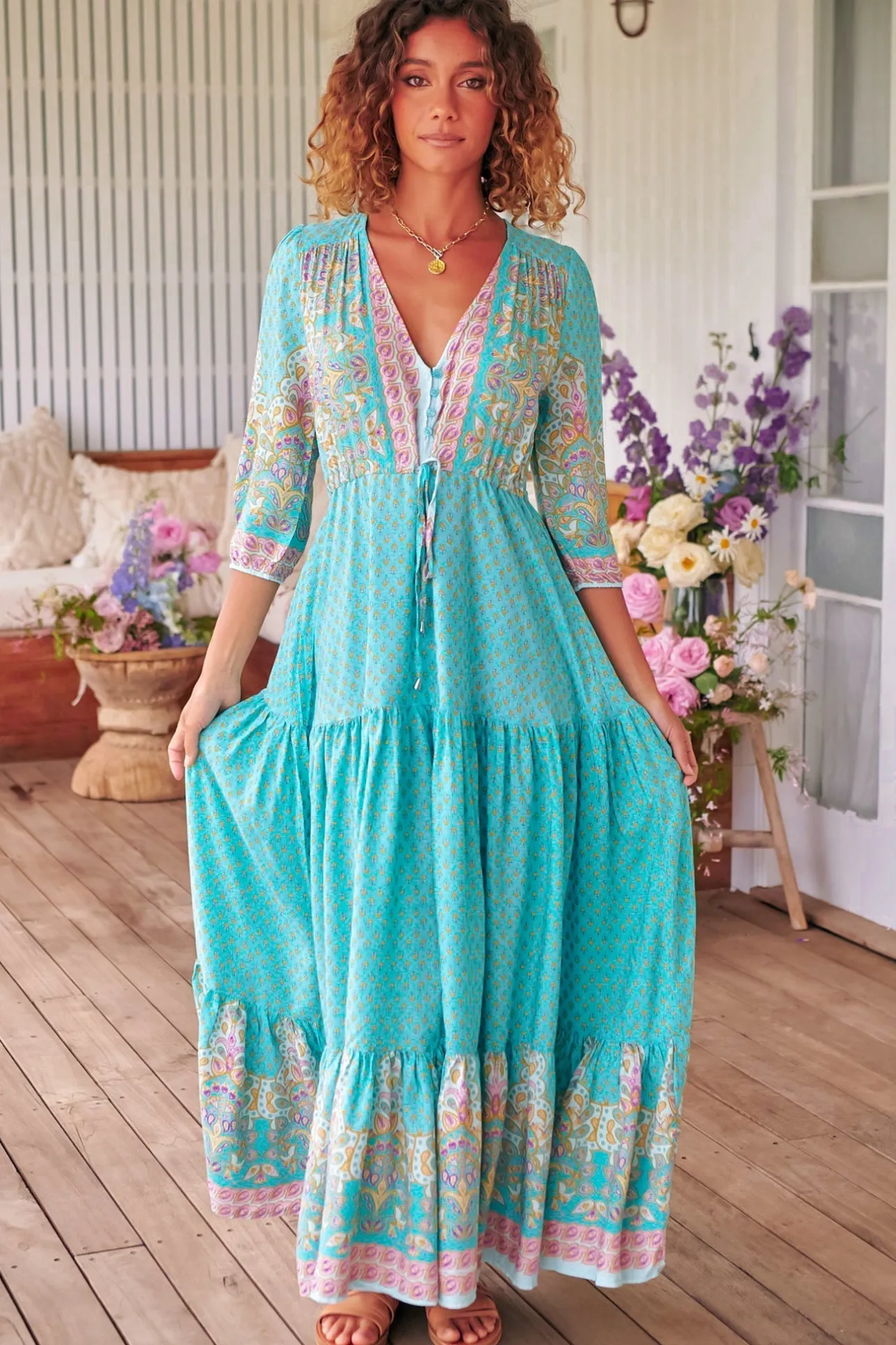 Tessa Maxi Dress - A Line Pull Tie Waist Dress in Atlantis Print>Jaase Online