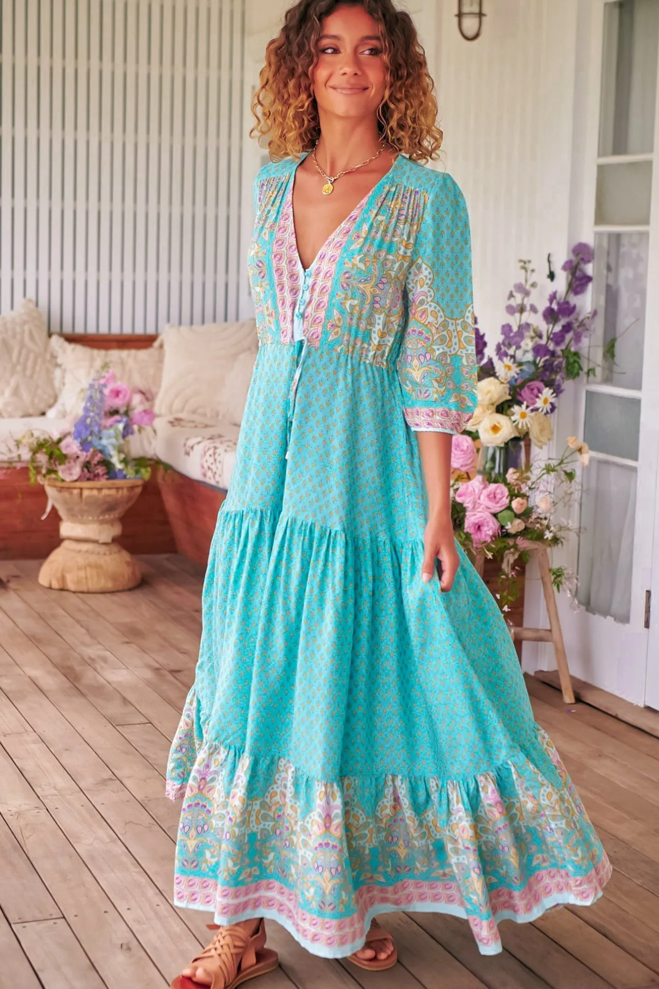 Tessa Maxi Dress - A Line Pull Tie Waist Dress in Atlantis Print>Jaase Online