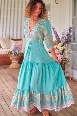 Tessa Maxi Dress - A Line Pull Tie Waist Dress in Atlantis Print><noscript><img width=