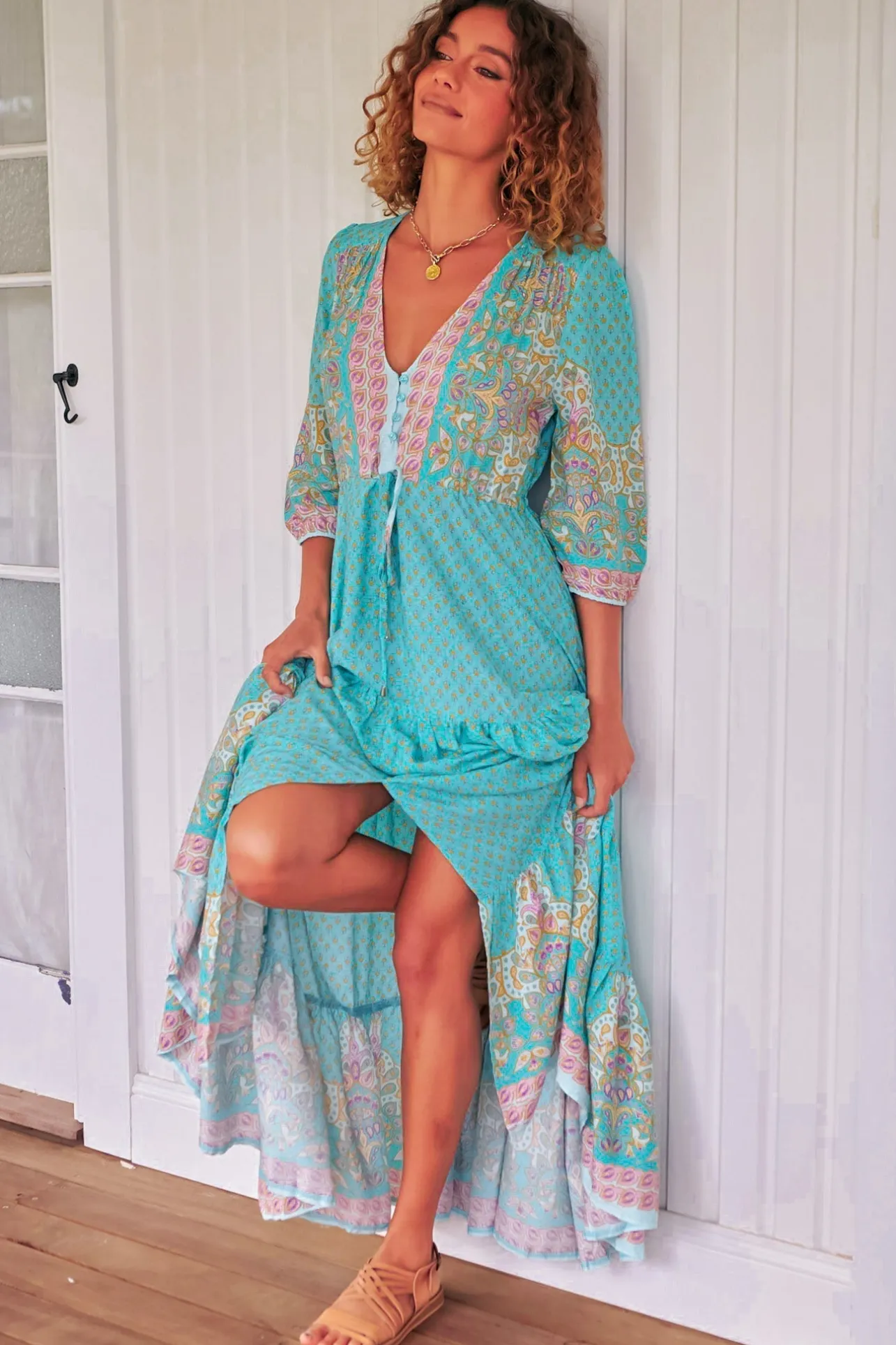 Tessa Maxi Dress - A Line Pull Tie Waist Dress in Atlantis Print>Jaase Online