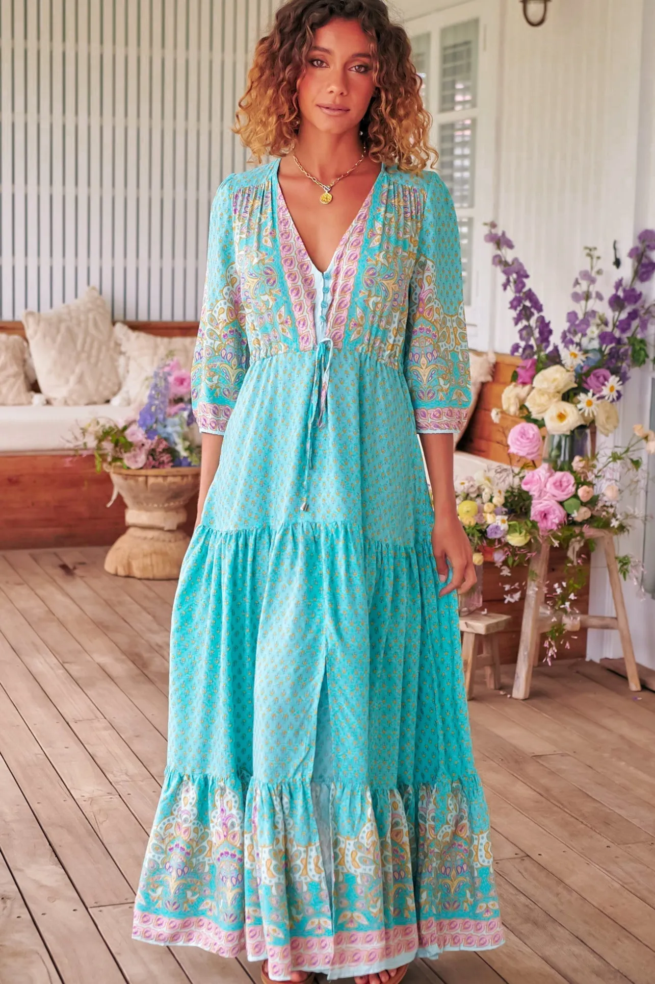 Tessa Maxi Dress - A Line Pull Tie Waist Dress in Atlantis Print>Jaase Online