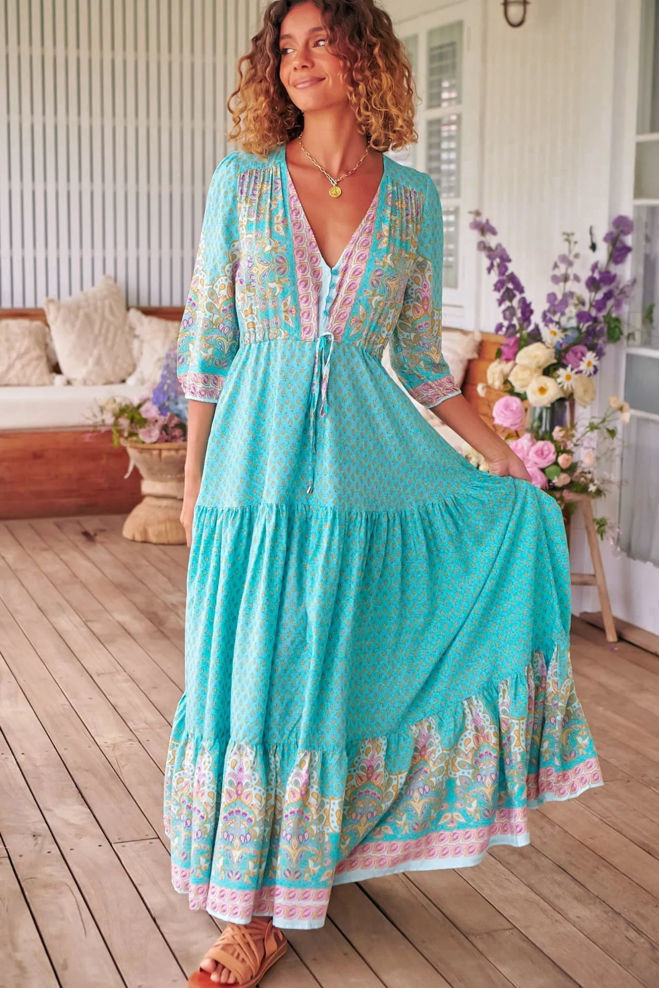 Tessa Maxi Dress - A Line Pull Tie Waist Dress in Atlantis Print>Jaase Online